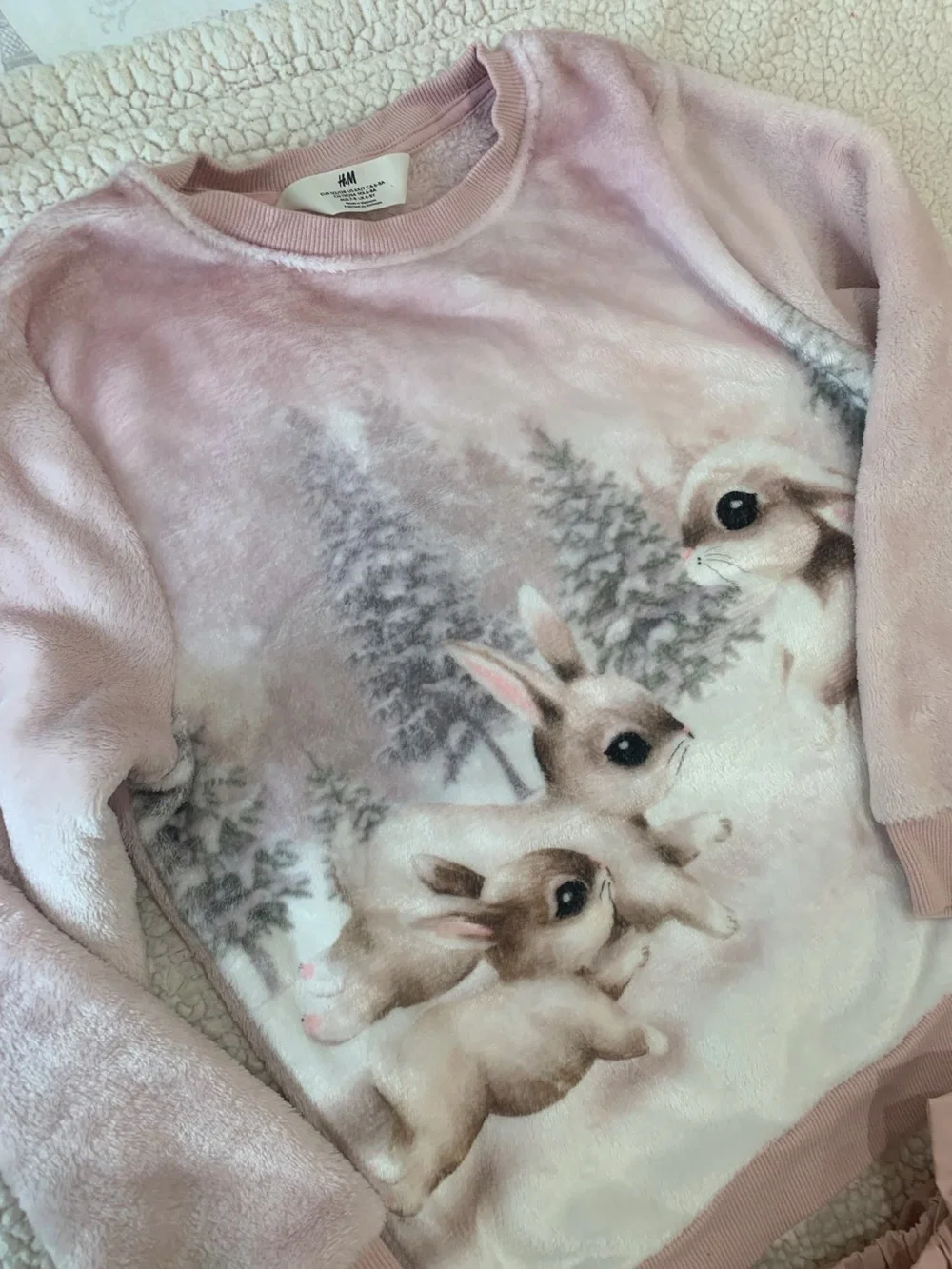 H&M Pink Bunny Print Girls Pullover and bubble Skirt Set - size 6-7
